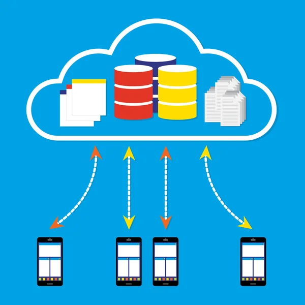 Mobile phones working on cloud with database application and doc — Stock Vector