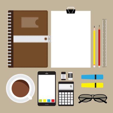 Boş kahverengi defter kırmızı ve sarı kalemi kağıdına Üstten Görünüm