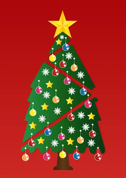 Vánoční strom s barevnými ornamenty na červeném pozadí. Vektor — Stockový vektor