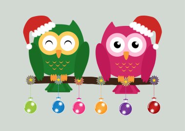 Noel mu ile kırmızı bir Noel Baba şapkası ağaç üzerinde iki baykuş