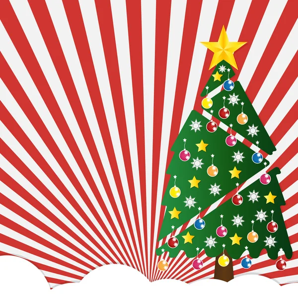 Vánoční strom s barevnými ornamenty a zlatou hvězdu na rudé slunce — Stockový vektor