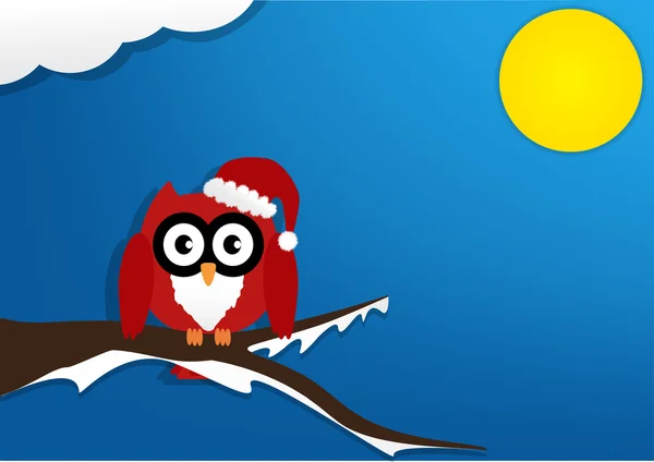 Червона сова на кленовому дереві з червоним капелюхом Санта Клауса вночі — стоковий вектор