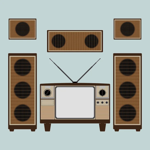 Vintage old brown television with loudspeaker and power amplifie — Stock Vector