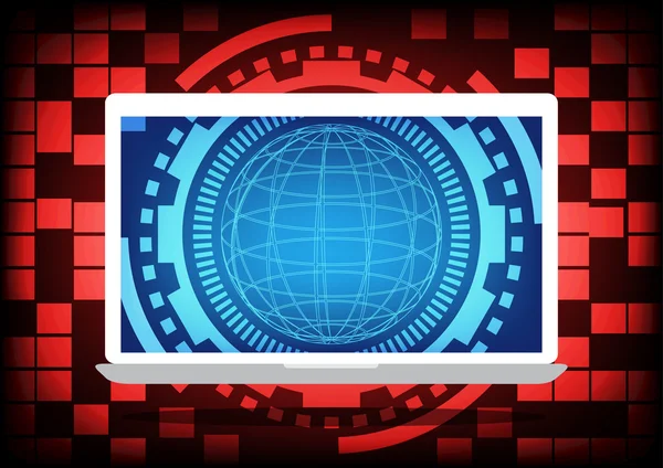 Computador portátil com o círculo azul de anel e engrenagens dentro de um fundo de tecnologia anel de engrenagem vermelho. Design de ilustração vetorial conceito de comunicação de segurança de proteção de dados . —  Vetores de Stock