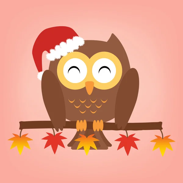 Búho en el árbol de arce con un sombrero rojo de Santa Claus. Vector ilustración diseño Navidad vacaciones fondo concepto . — Vector de stock