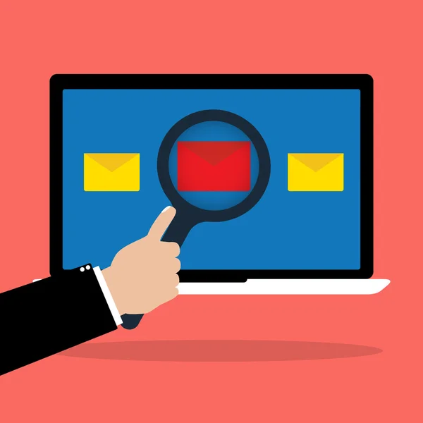 Affärsman hålla ett förstoringsglas scan röda email med malware — Stock vektor