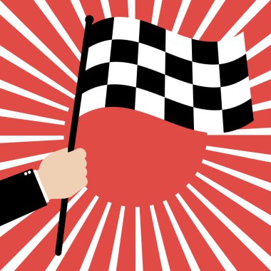 Businessman hold a Race finish flag on red sunrays background.