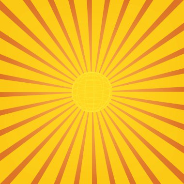 Sunburst with globe inside on orange background.