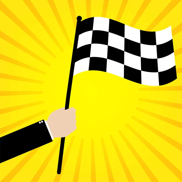 Businessman hold a Race finish flag on yellow sunrays background. — Stock Vector