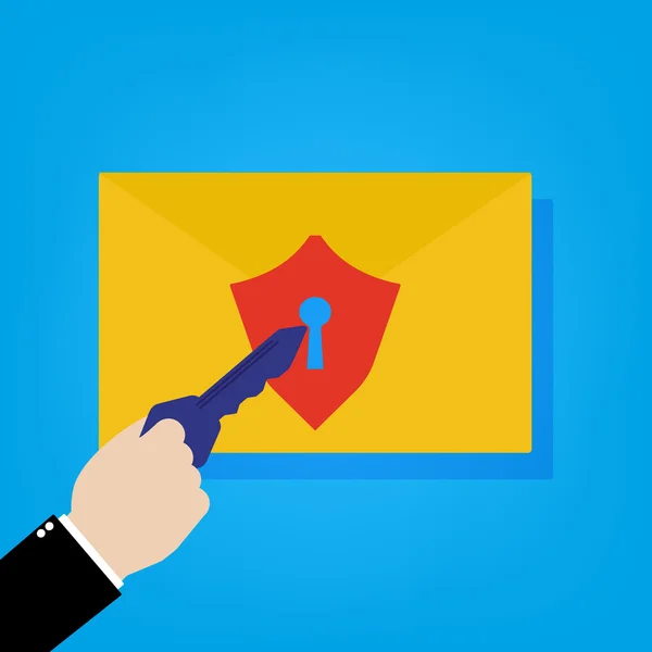 Email with security shield lock and businessman with key to unlock. — Wektor stockowy