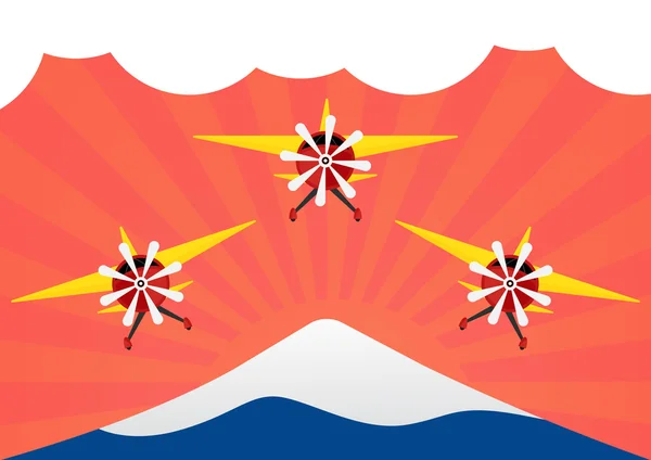Flugzeuggruppe mit gelbem Flügel auf roten Sonnenstrahlen und Berg — Stockvektor