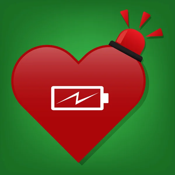 Red heart with battery and siren on green background. — Stockvector