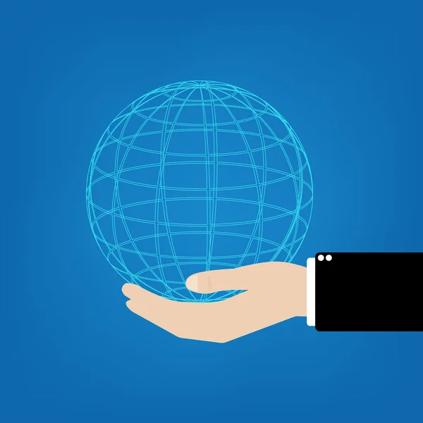 Businessman with globe line on hands on blue background. — 스톡 벡터