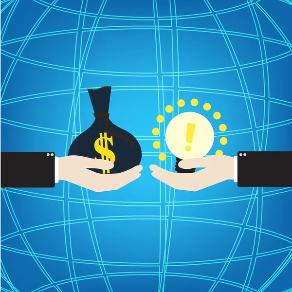 Empresário pagar dinheiro para a ideia lâmpada na linha de globo em ba — Vetor de Stock