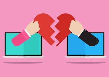 Erkek ve kadın el laptop ekranında kendi kalplerini birbirlerine, pembe arka plan vererek ortaya çıktı.