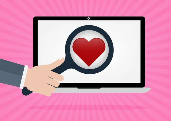 Die menschliche Hand hält eine Lupe für die Suche nach Liebe und Herz auf dem Laptop-Monitor auf rosa Strahlen im Hintergrund. Konzept für Online-Dating. — Stockvektor