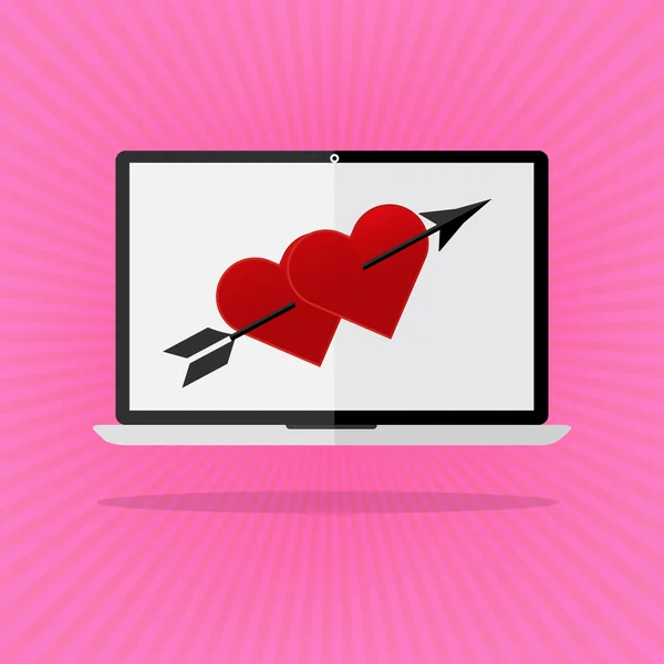 Platte ontwerp het rode hart met pijl op laptop notebook love online daten op roze zonnestralen achtergrond. Valentines day die ik hou van je concept. — Stockvector