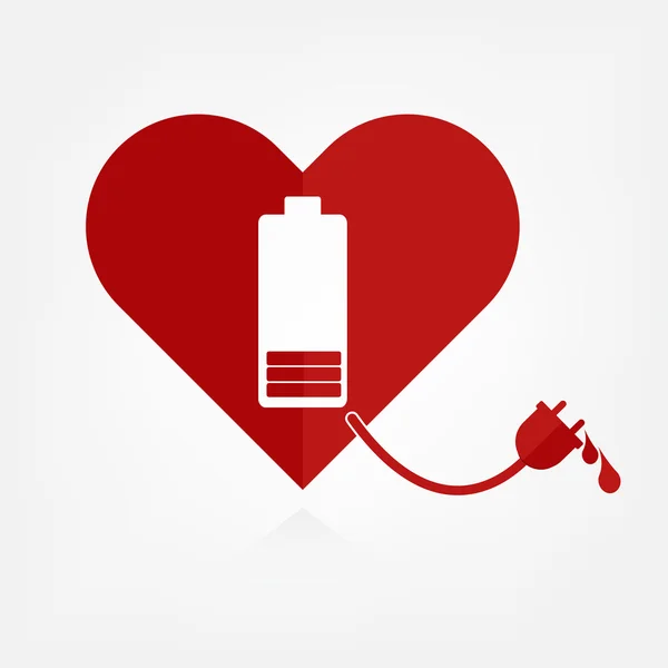 Flat design red hearts with low battery charger sign and power line with bloods. Valentine Love power concept. — Stock Vector