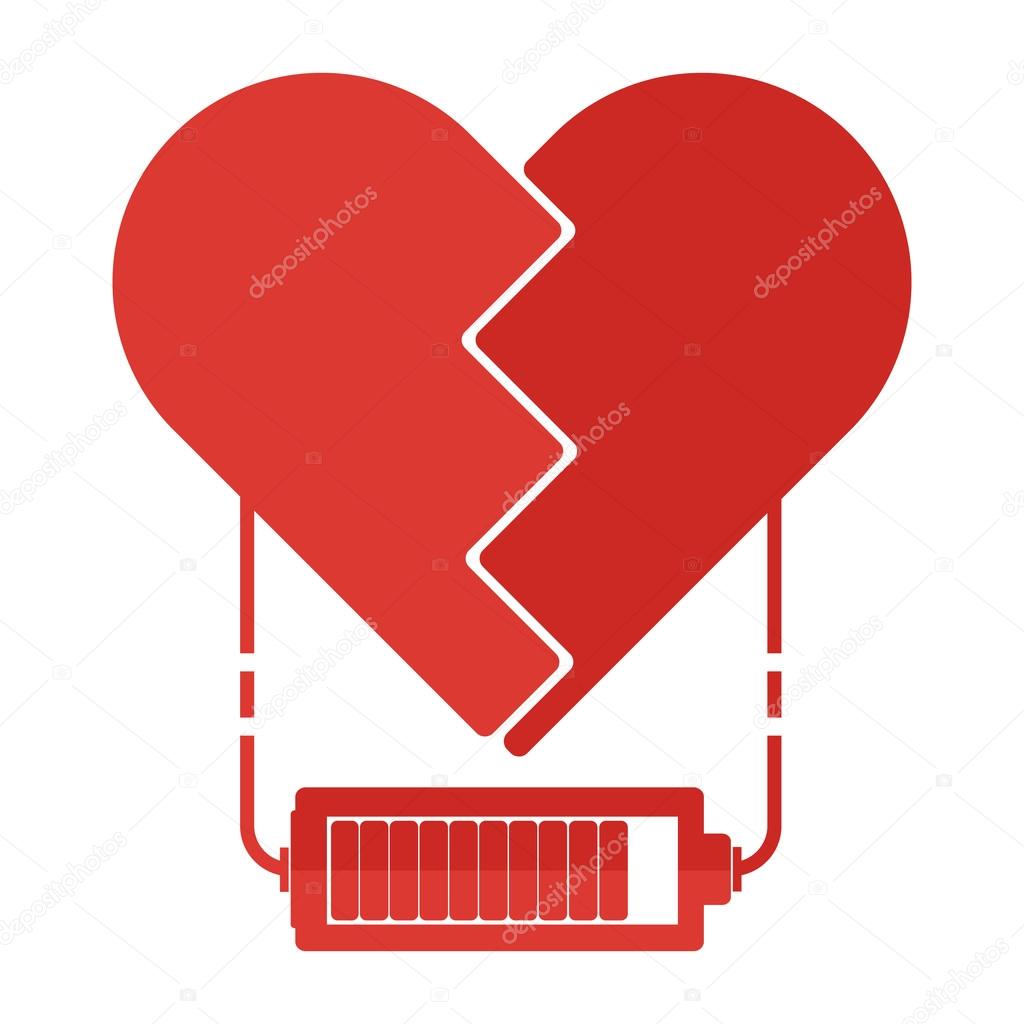 Flat design red broken hearts with battery charger sign and power line. Valentine Love power concept.