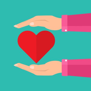 Aşk kırmızı kalp tutan kadın. Vektör çizim kavramsal.