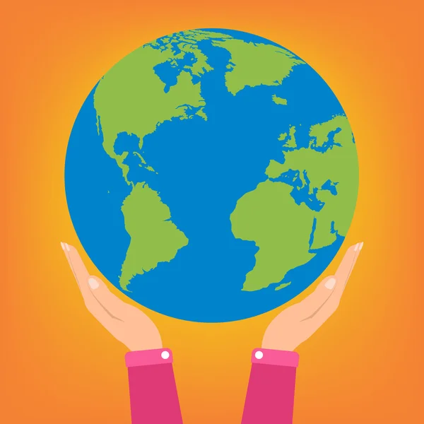 Femme deux mains tenant globe terre sur fond orange . — Image vectorielle