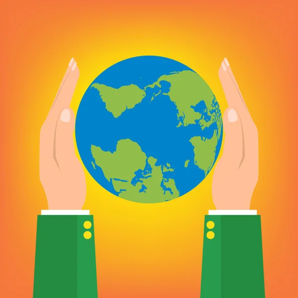 Businessman two hands holding globe earth on orange background. — Stock Vector