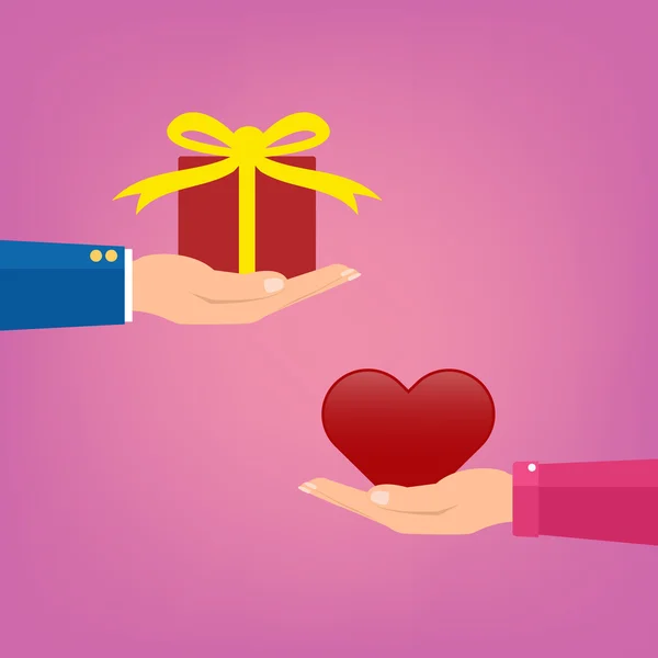Adam kadın çift ve kadın aşk veren kırmızı bir hediye kutusu veren . — Stok Vektör