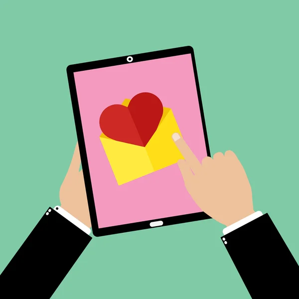 Uomo d'affari mano in possesso di uno smartphone tablet con punto e toccando email d'amore . — Vettoriale Stock