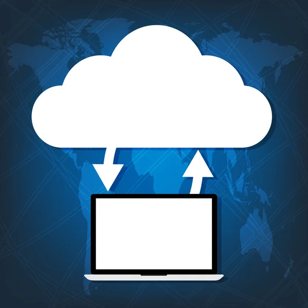 Computadora portátil conectado nube en el mapa del mundo fondo azul . — Archivo Imágenes Vectoriales