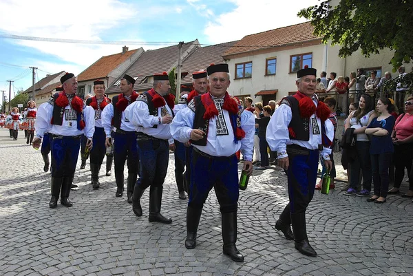 Zeven mannen in klederdracht naar beneden de straat tijdens "de rit van koningen 2015" in Zuid-Moravië — Stockfoto