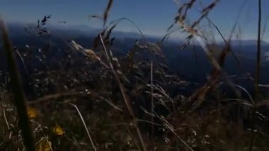 Dağların havadan görüntüsü. Dağlar, tepeler, uçurumlar, kayalar, çıkıntılar, manzara, yeşil çimenler, gökyüzü, bulutlar, doğa, işlenmemiş doğa, yavaş çekim videosu