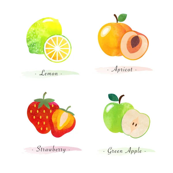 Naturaleza Ecológica Comida Saludable Fruta Limón Albaricoque Fresa Manzana Verde — Vector de stock