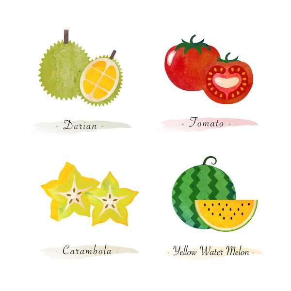 Bio Natur Gesunde Nahrung Früchte Durian Tomaten Karambola Wassermelone — Stockvektor
