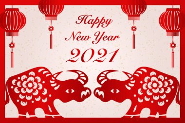 2021 Mutlu Çin yeni yılı öküz, kırmızı kağıt el feneri ve öküz 