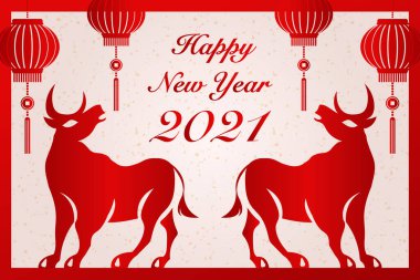 2021 Mutlu Çin yeni yılı öküz, kırmızı kağıt el feneri ve öküz 