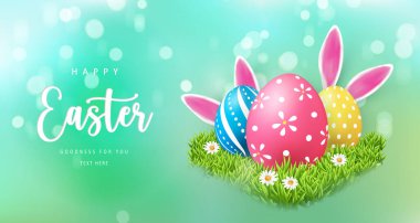 Paskalya yumurtaları ve yeşil çimenli papatya çiçeği tavşan kulağıyla Mutlu Paskalya bayrağı şablonu