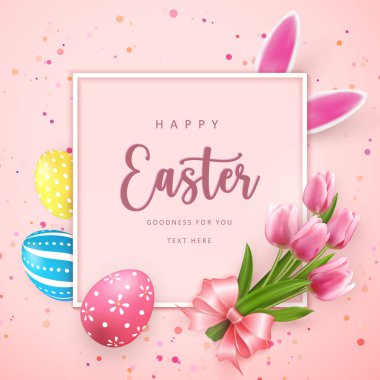 Paskalya karesi afişi Paskalya yumurtaları ve lale çiçeği pembe kurdele tavşan kulaklı