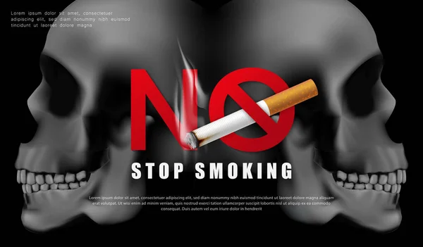 戒烟运动说明没有香烟健康两根香烟和黑色背景的可怕的骷髅 — 图库矢量图片