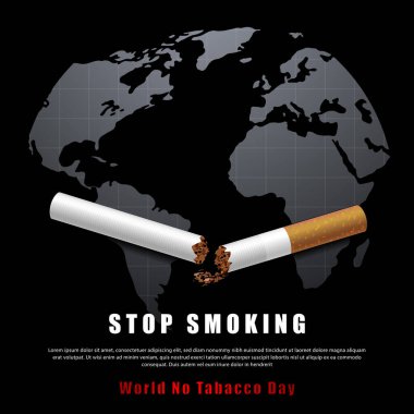 Kampanya illüstrasyonunu durdurun. Sağlıklı sigara ve siyah arka planda dünya haritası için sigara yok.