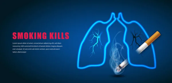 戒烟运动说明禁止吸烟健康香烟在深蓝色背景下刺穿肺 — 图库矢量图片
