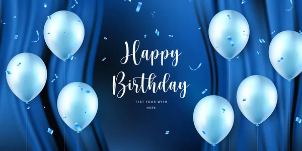 Elegante Blaue Ballon Und Seidenvorhang Hintergrund Happy Birthday Feier Karte — Stockvektor