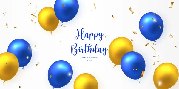 Elegantní Žlutá Zlatá Modrá Balón Party Popper Stuha Happy Birthday — Stockový vektor