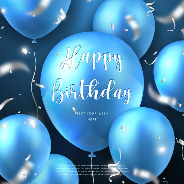 Elegantní Realistický Zlatomodrý Balón Party Popper Stříbrná Stuha Happy Birthday — Stockový vektor