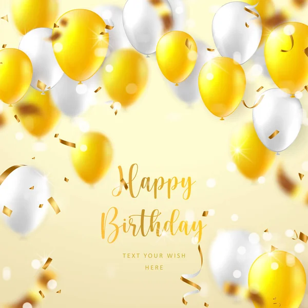 Elegante Gelbe Weiße Ballon Und Party Popper Band Happy Birthday — Stockvektor