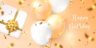 3D gerçekçi sarı turuncu balon ve hediye paketi üzerinde altın çiçek kurdelesi Mutlu yıllar kutlama kartı şablonu