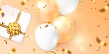 3D gerçekçi sarı turuncu balon ve hediye paketi üzerinde altın çiçek kurdelesi Mutlu yıllar kutlama kartı şablonu