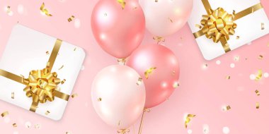 3D gerçekçi zarif pembe balon ve hediye paketi üzerinde altın çiçek kurdelesi Mutlu yıllar kutlama kartı şablonu