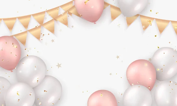 Elegante Rosa Bianco Pallone Argento Rosa Nastro Oro Buon Compleanno — Foto Stock