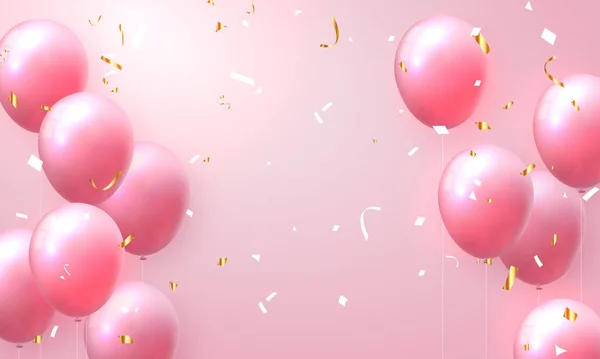 Elegante Rosa Palloncino Rosa Nastro Oro Buon Compleanno Cartolina Banner — Foto Stock