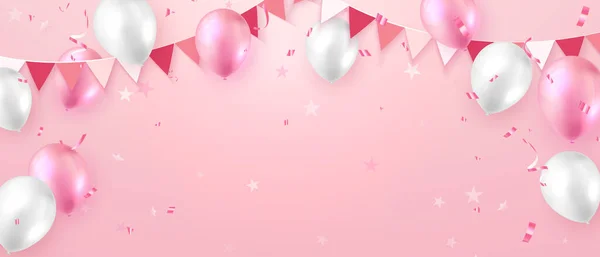 Elegant Vibrant Pink Ballon Party Propper Ribbon Flag Happy Birthday — Stock Photo, Image